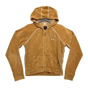 Vintage FUBU The Collection Velour Hoodie Womens Tan Brown Zip Up Y2K